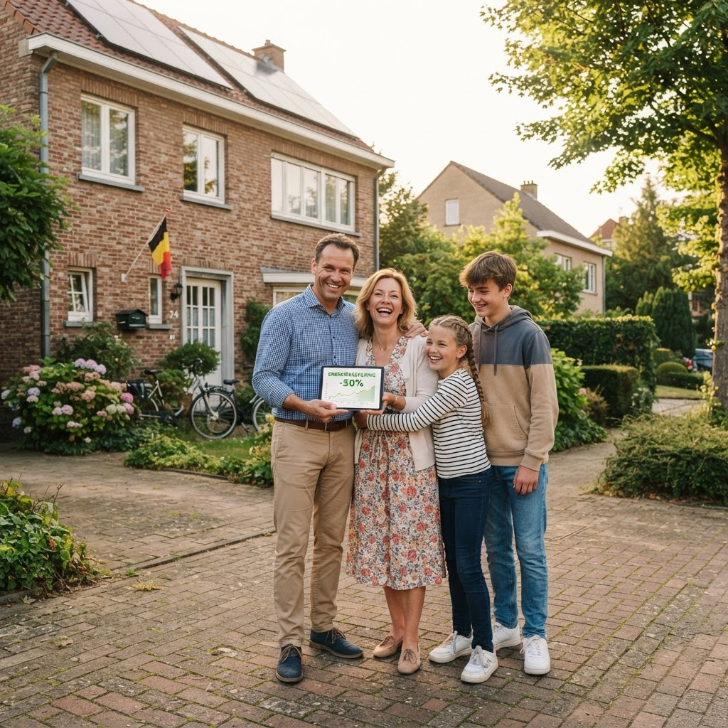 Famille belge devant leur maison